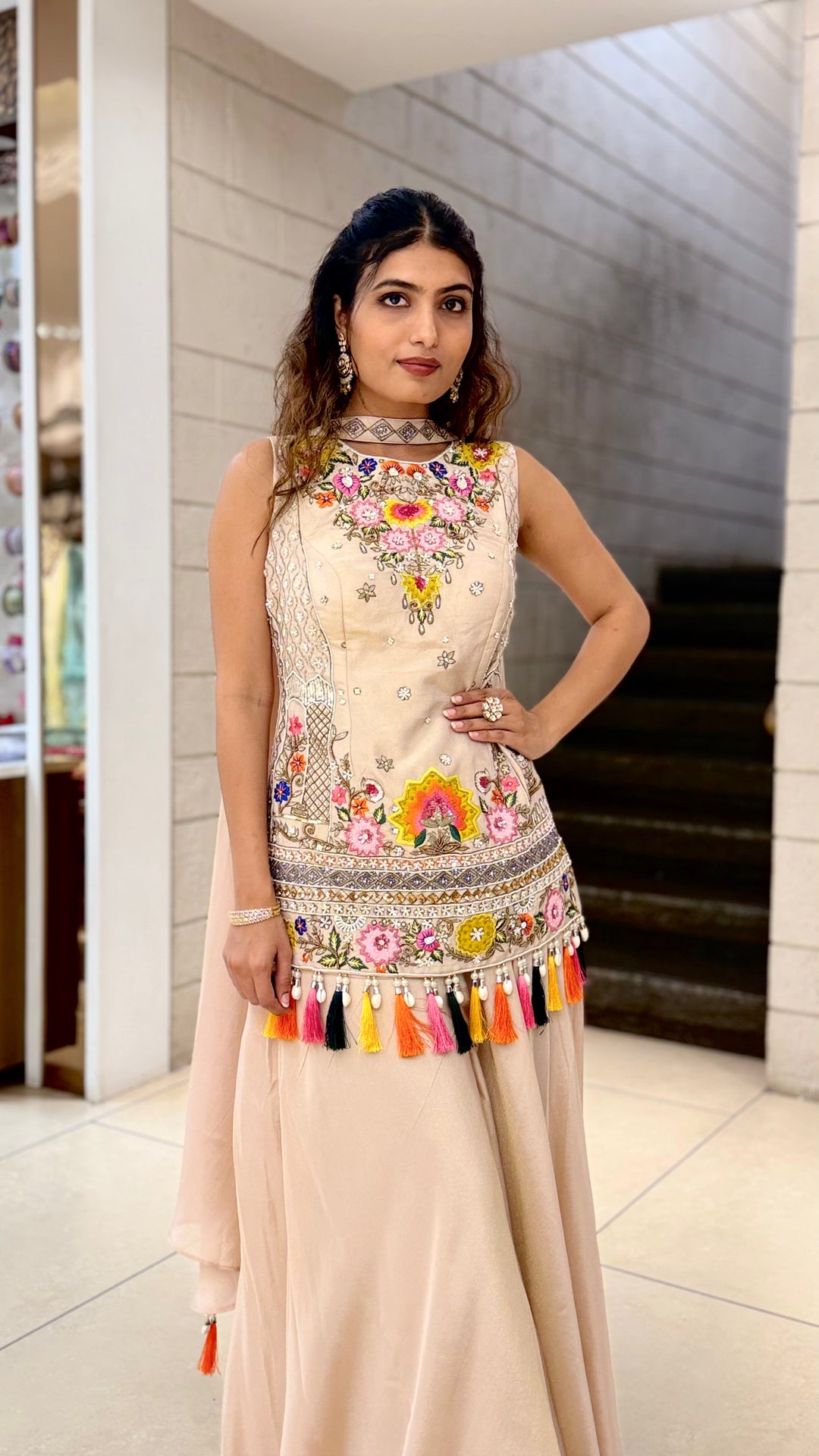 Blush Beige Embroidered Long Kurti with Palazzo Set