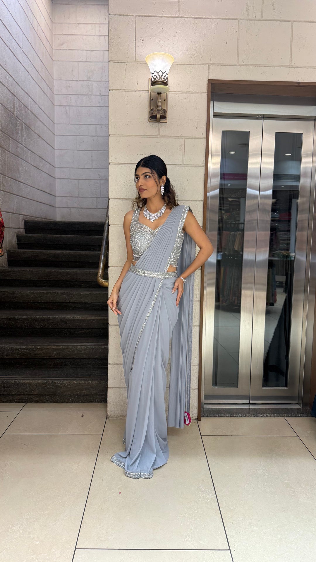Silver Grey Designer Ready-to-Wear Saree with Sequin Blouse