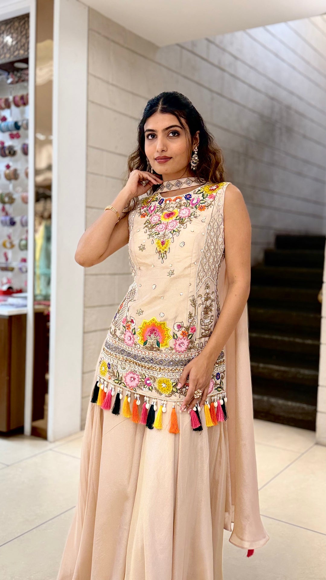 Blush Beige Embroidered Long Kurti with Palazzo Set