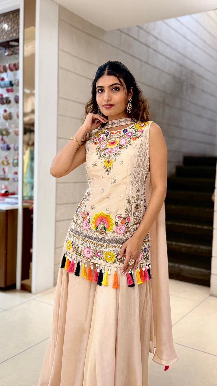 Blush Beige Embroidered Long Kurti with Palazzo Set