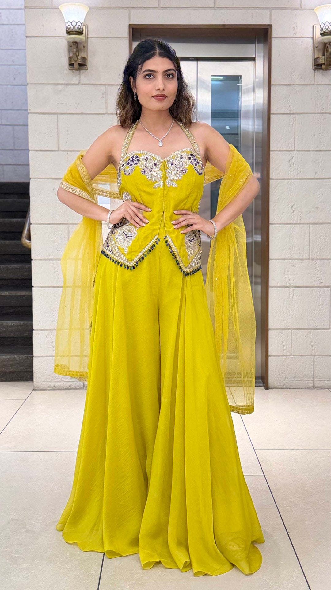 Mustard Yellow Indo-Western Palazzo Set with Embellished Corset Top & Dupatta