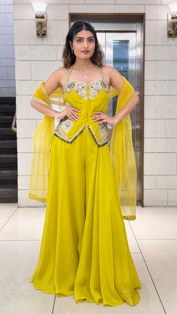 Mustard Yellow Indo-Western Palazzo Set with Embellished Corset Top & Dupatta
