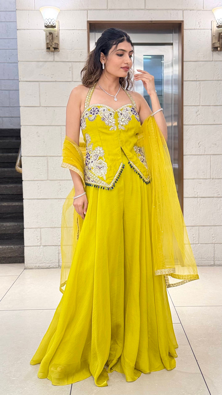 Mustard Yellow Indo-Western Palazzo Set with Embellished Corset Top & Dupatta
