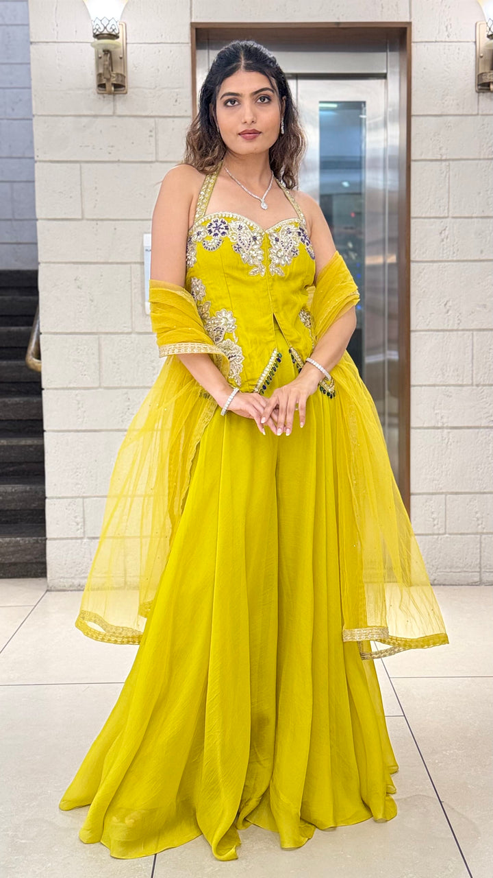 Mustard Yellow Indo-Western Palazzo Set with Embellished Corset Top & Dupatta
