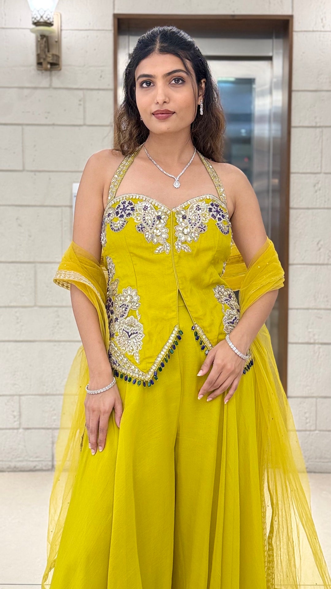 Mustard Yellow Indo-Western Palazzo Set with Embellished Corset Top & Dupatta