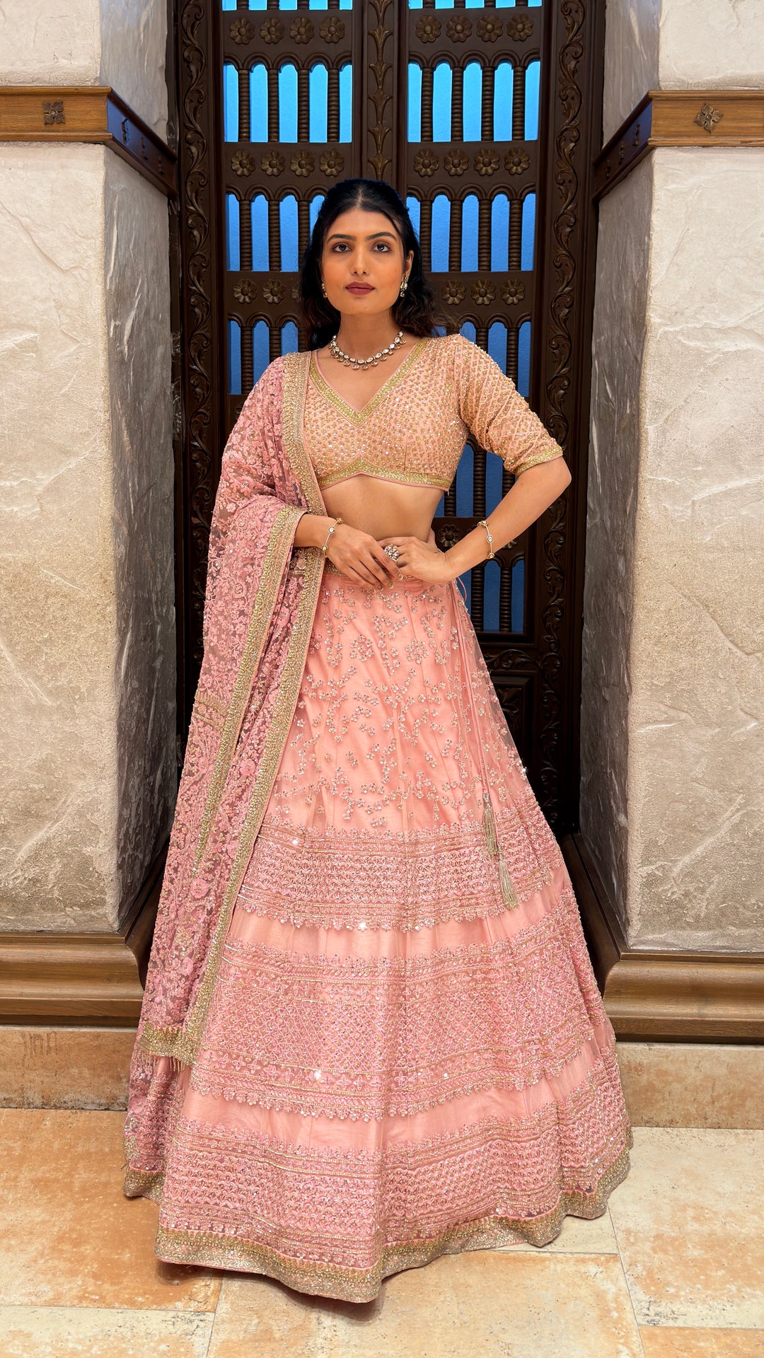 Blush Pink Embroidered Bridal Lehenga Set with Sequined Blouse & Floral Dupatta