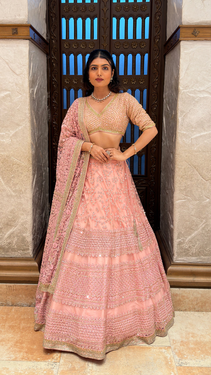 Blush Pink Embroidered Bridal Lehenga Set with Sequined Blouse & Floral Dupatta