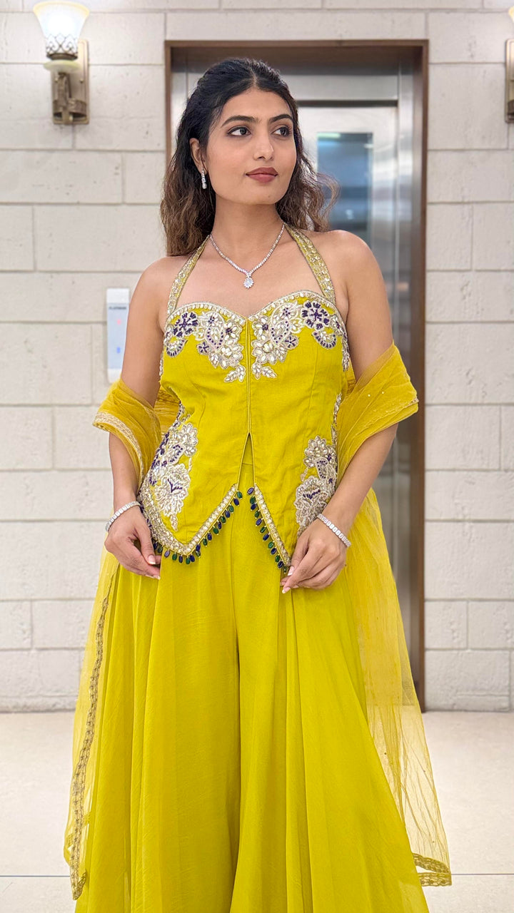 Mustard Yellow Indo-Western Palazzo Set with Embellished Corset Top & Dupatta