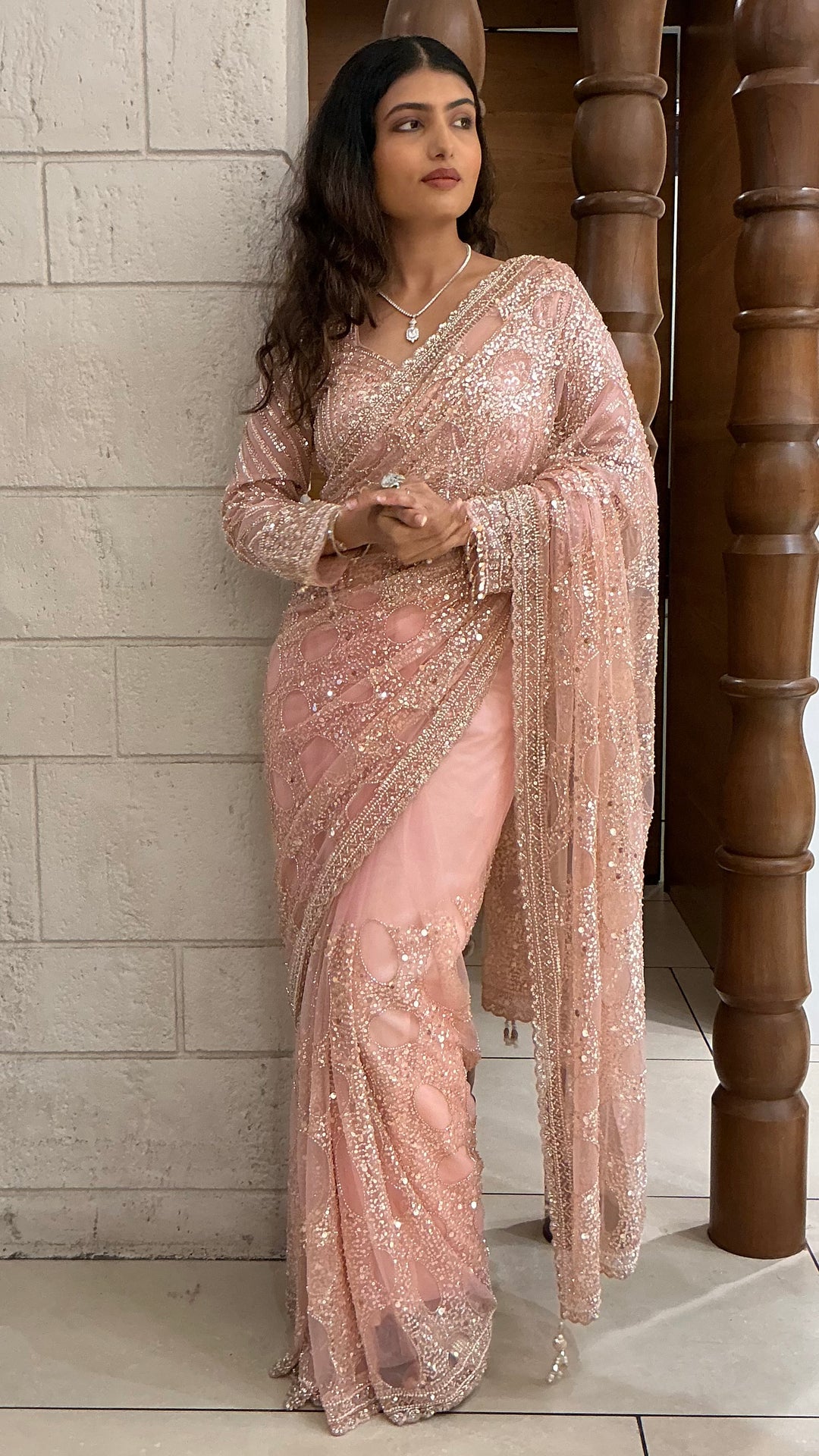 Blush Pink Designer Sequins Saree with Hand-Embroidered Blouse