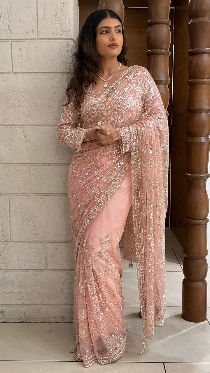 Blush Pink Designer Sequins Saree with Hand-Embroidered Blouse