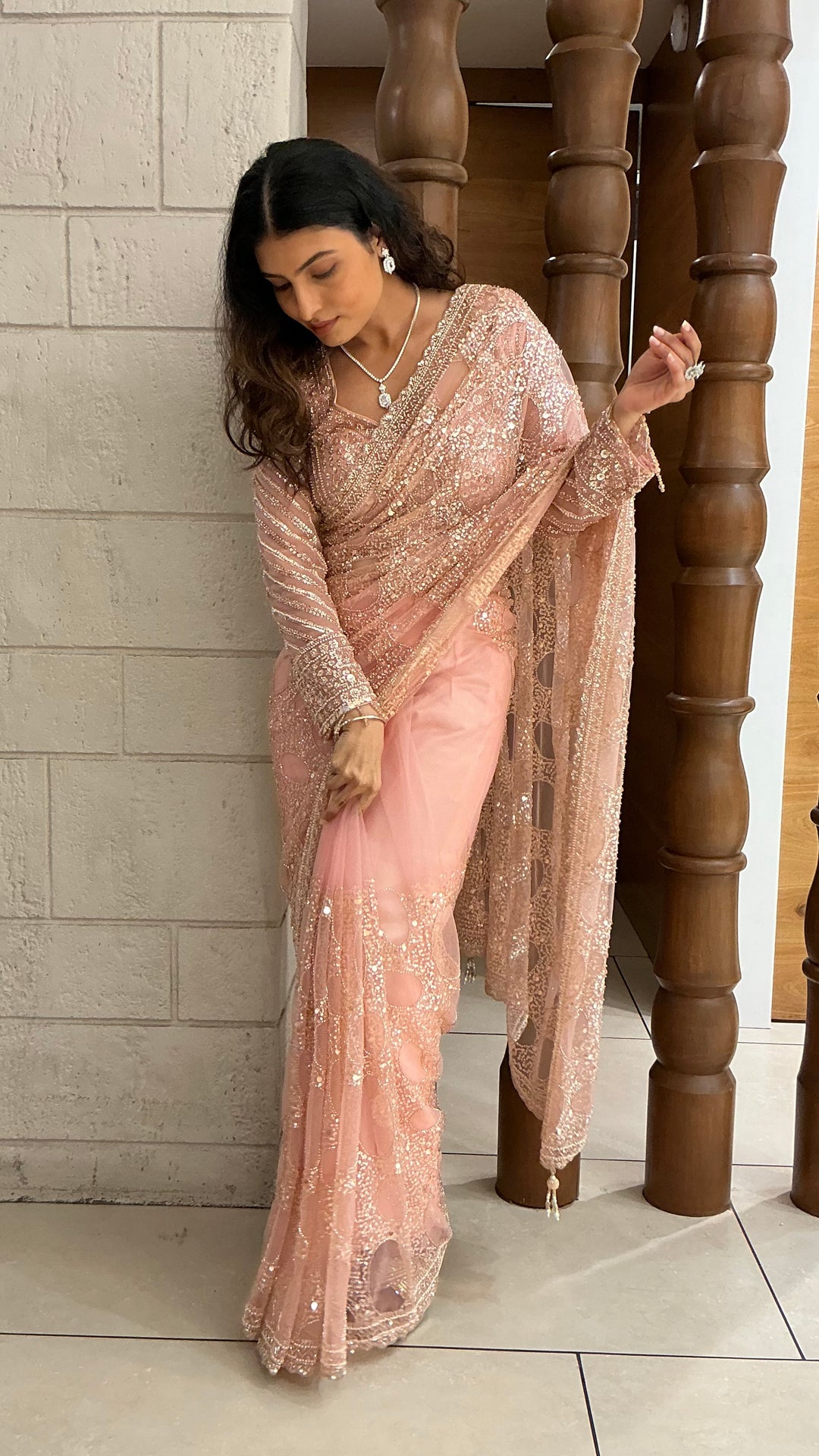 Blush Pink Designer Sequins Saree with Hand-Embroidered Blouse