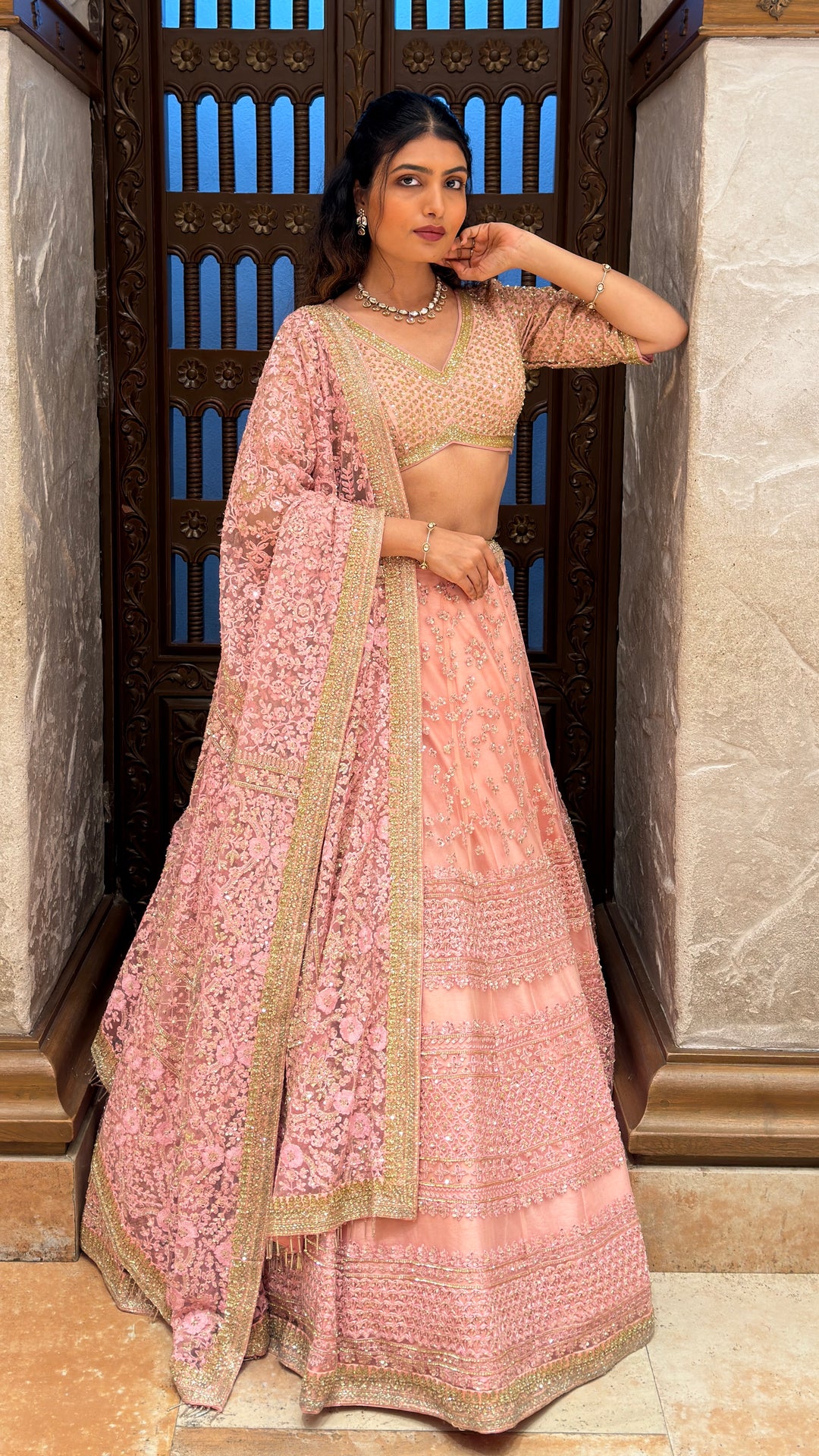 Blush Pink Embroidered Bridal Lehenga Set with Sequined Blouse & Floral Dupatta