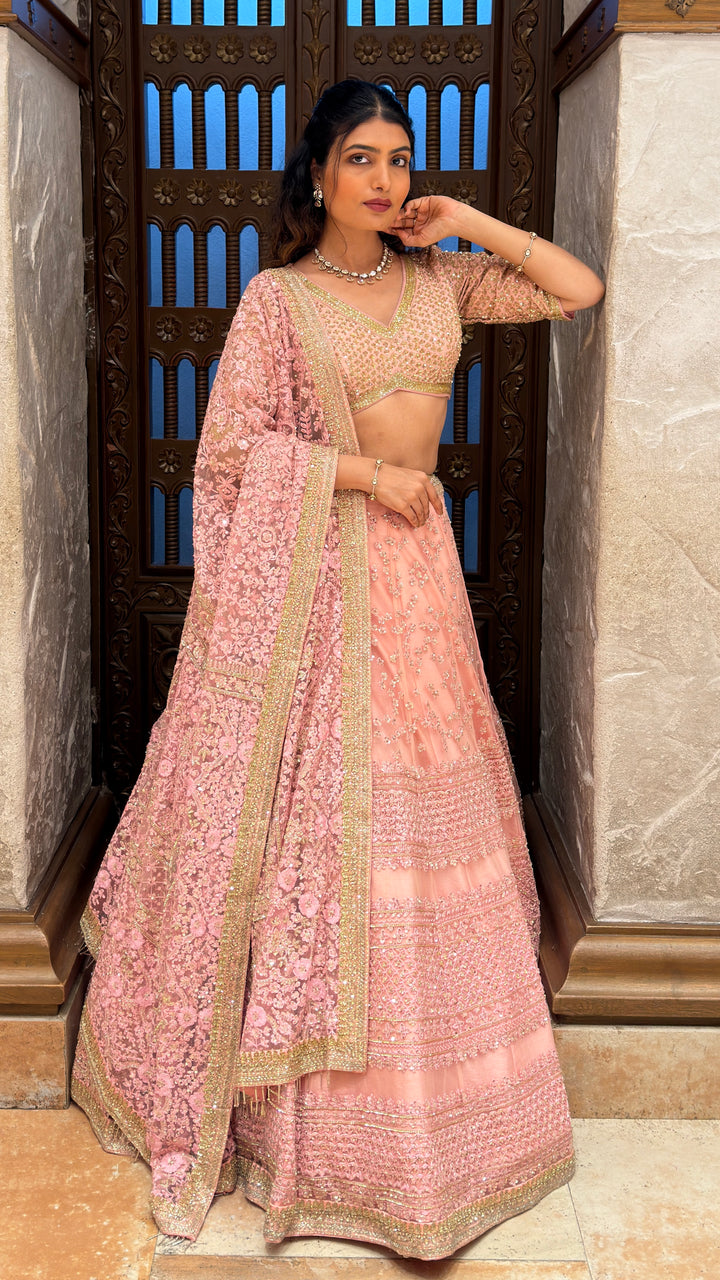 Blush Pink Embroidered Bridal Lehenga Set with Sequined Blouse & Floral Dupatta