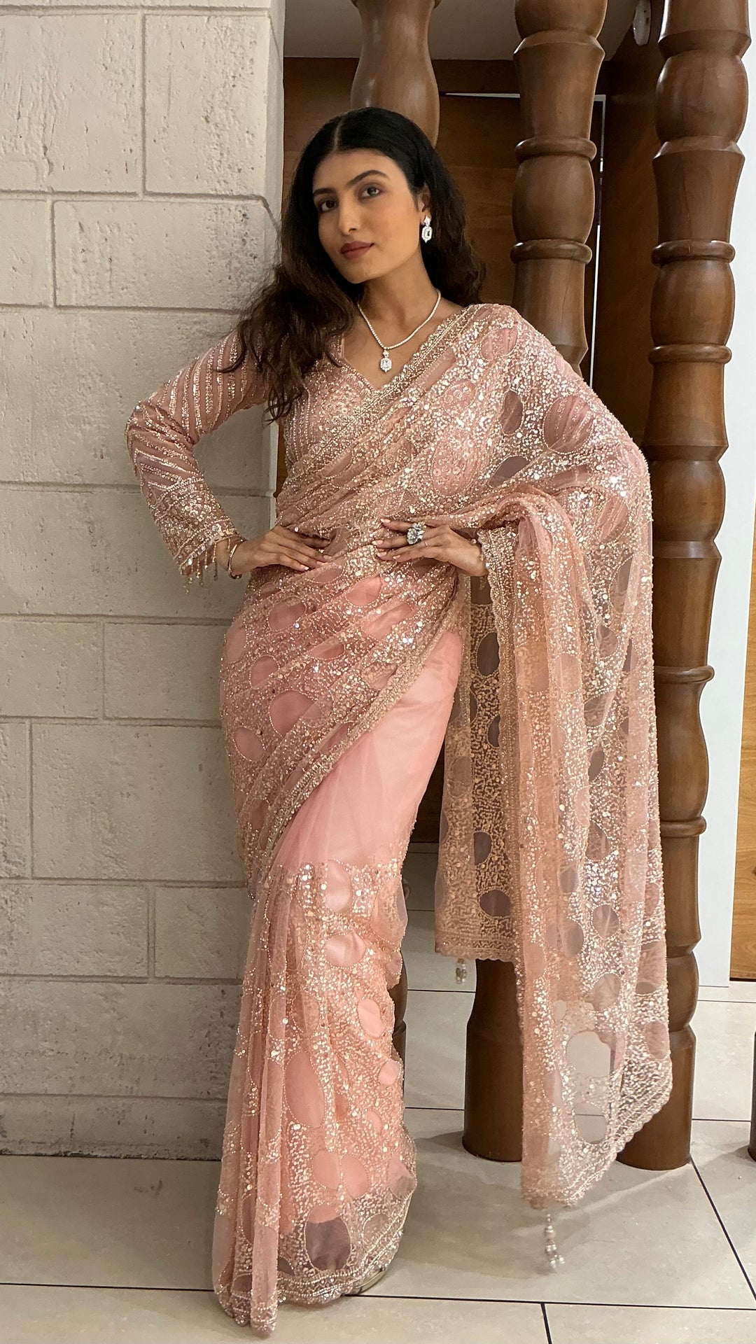 Blush Pink Designer Sequins Saree with Hand-Embroidered Blouse
