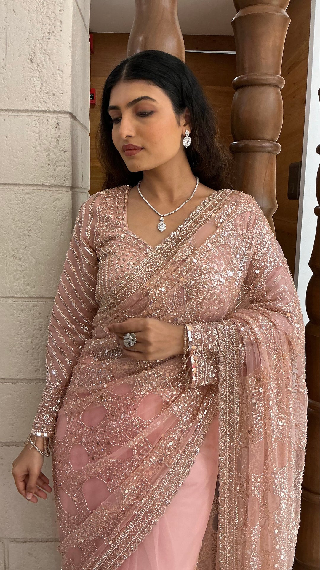 Blush Pink Designer Sequins Saree with Hand-Embroidered Blouse