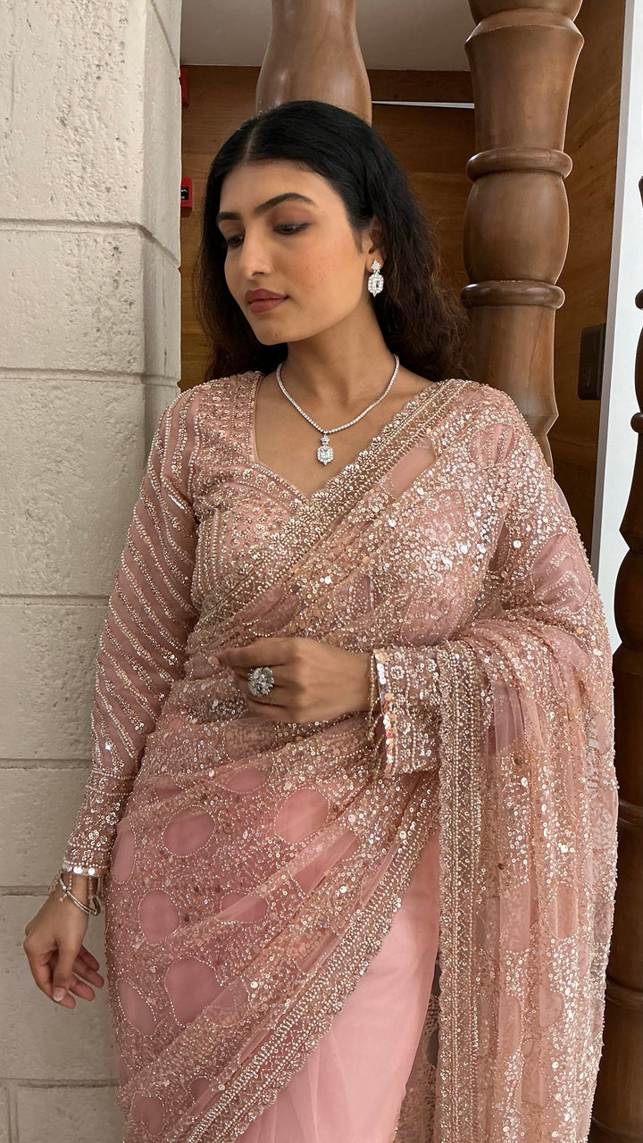 Blush Pink Designer Sequins Saree with Hand-Embroidered Blouse