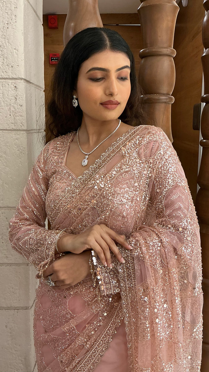 Blush Pink Designer Sequins Saree with Hand-Embroidered Blouse