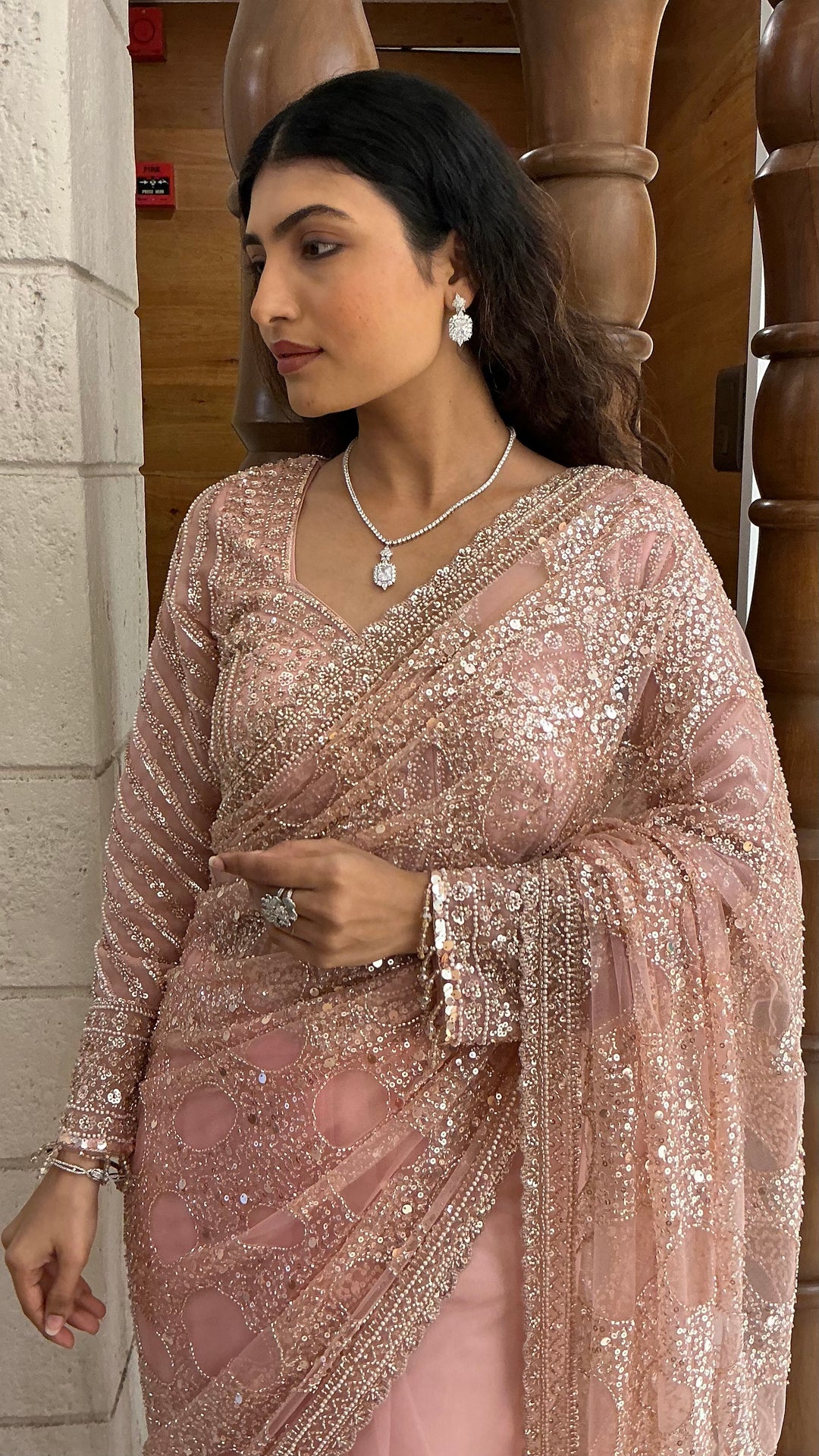 Blush Pink Designer Sequins Saree with Hand-Embroidered Blouse