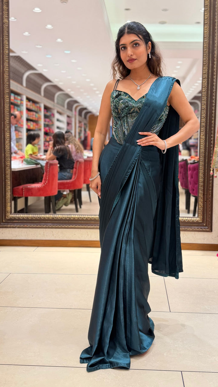 Emerald Green Ready-to-Wear Saree with Embellished Corset Blouse
