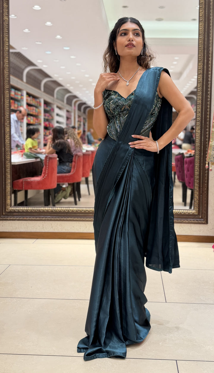 Emerald Green Ready-to-Wear Saree with Embellished Corset Blouse