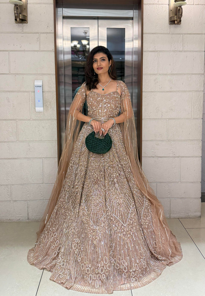 Champagne Gold Embellished Designer Gown with Draped Cape