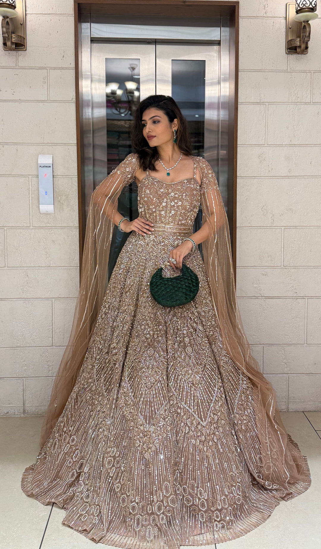 Champagne Gold Embellished Designer Gown with Draped Cape