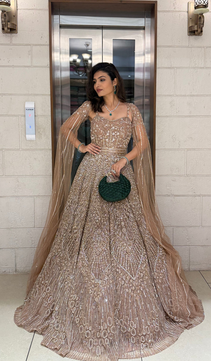 Champagne Gold Embellished Designer Gown with Draped Cape