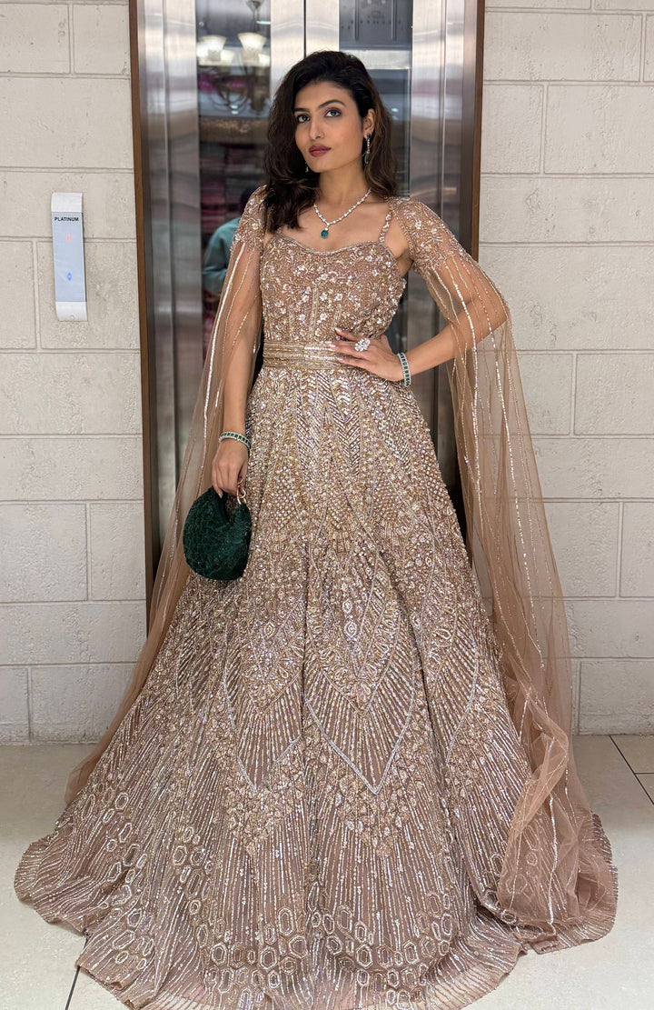 Champagne Gold Embellished Designer Gown with Draped Cape