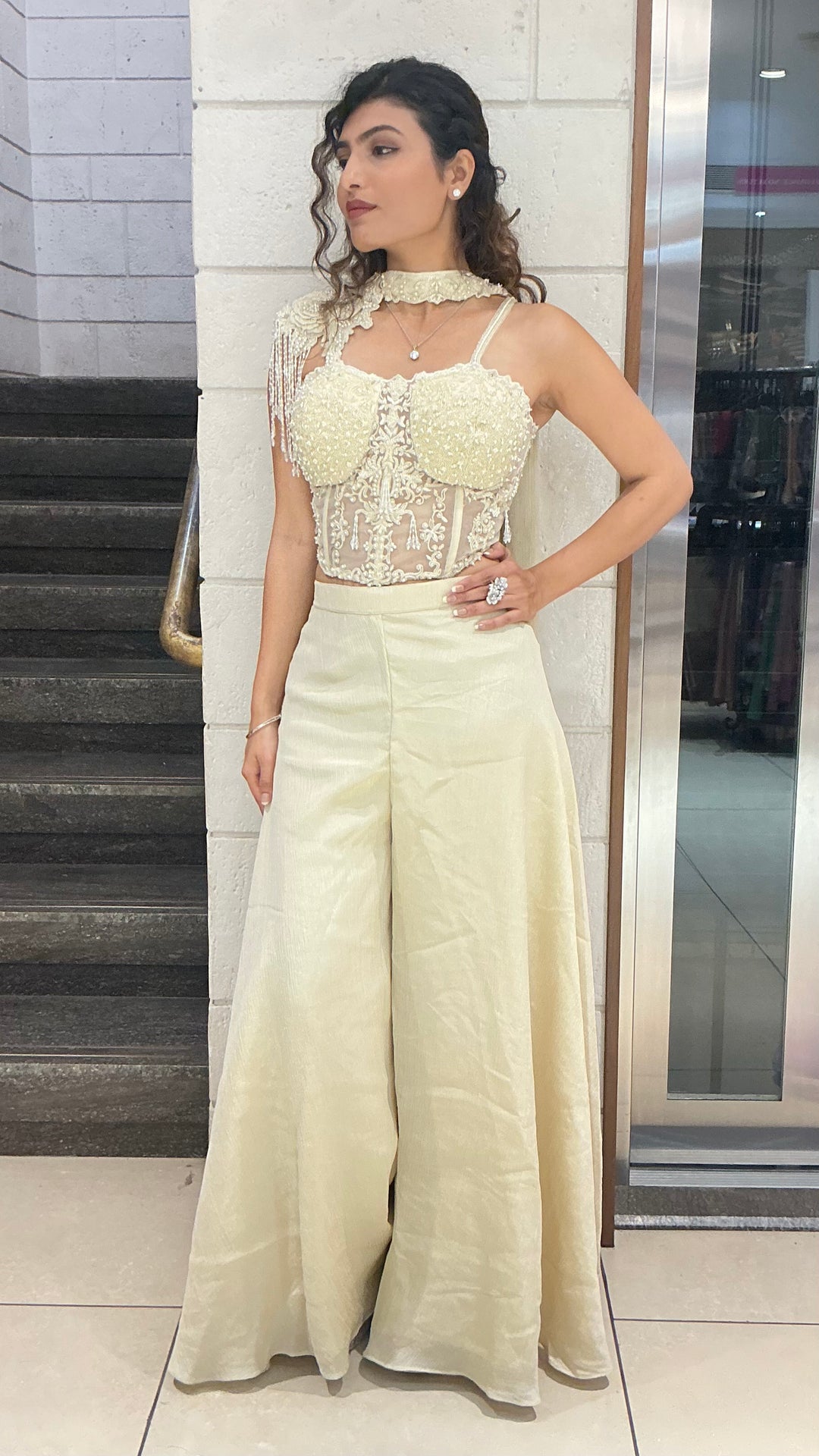 Ivory Embellished Indo-Western Palazzo Set with Designer Top