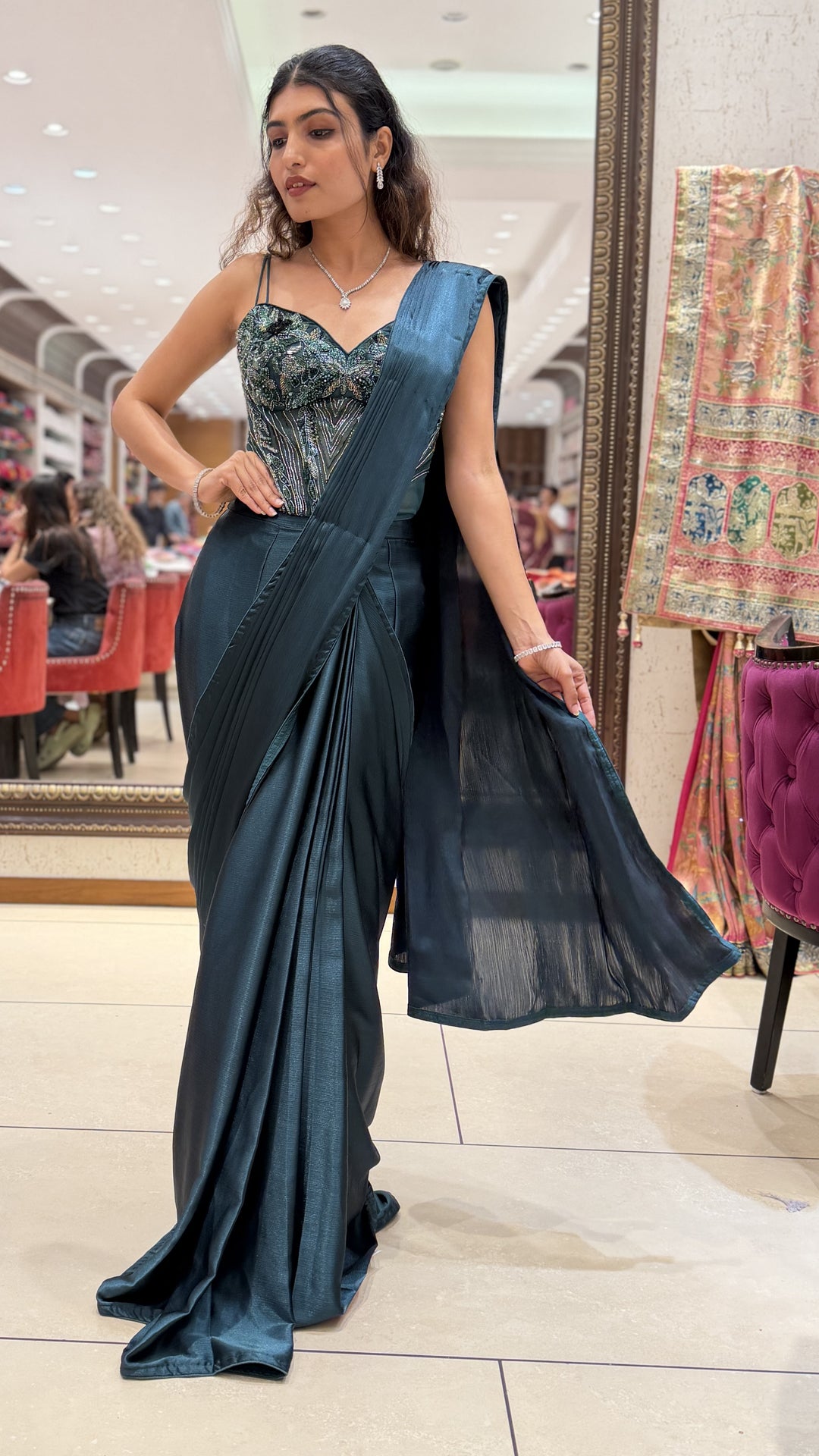 Emerald Green Ready-to-Wear Saree with Embellished Corset Blouse
