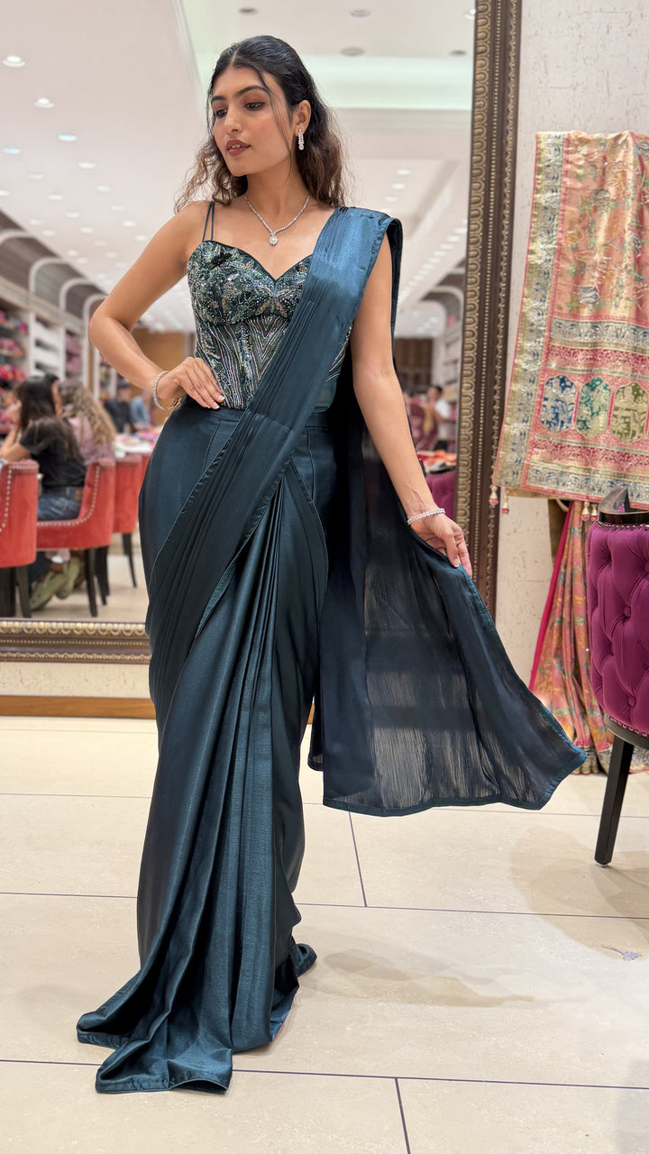Emerald Green Ready-to-Wear Saree with Embellished Corset Blouse