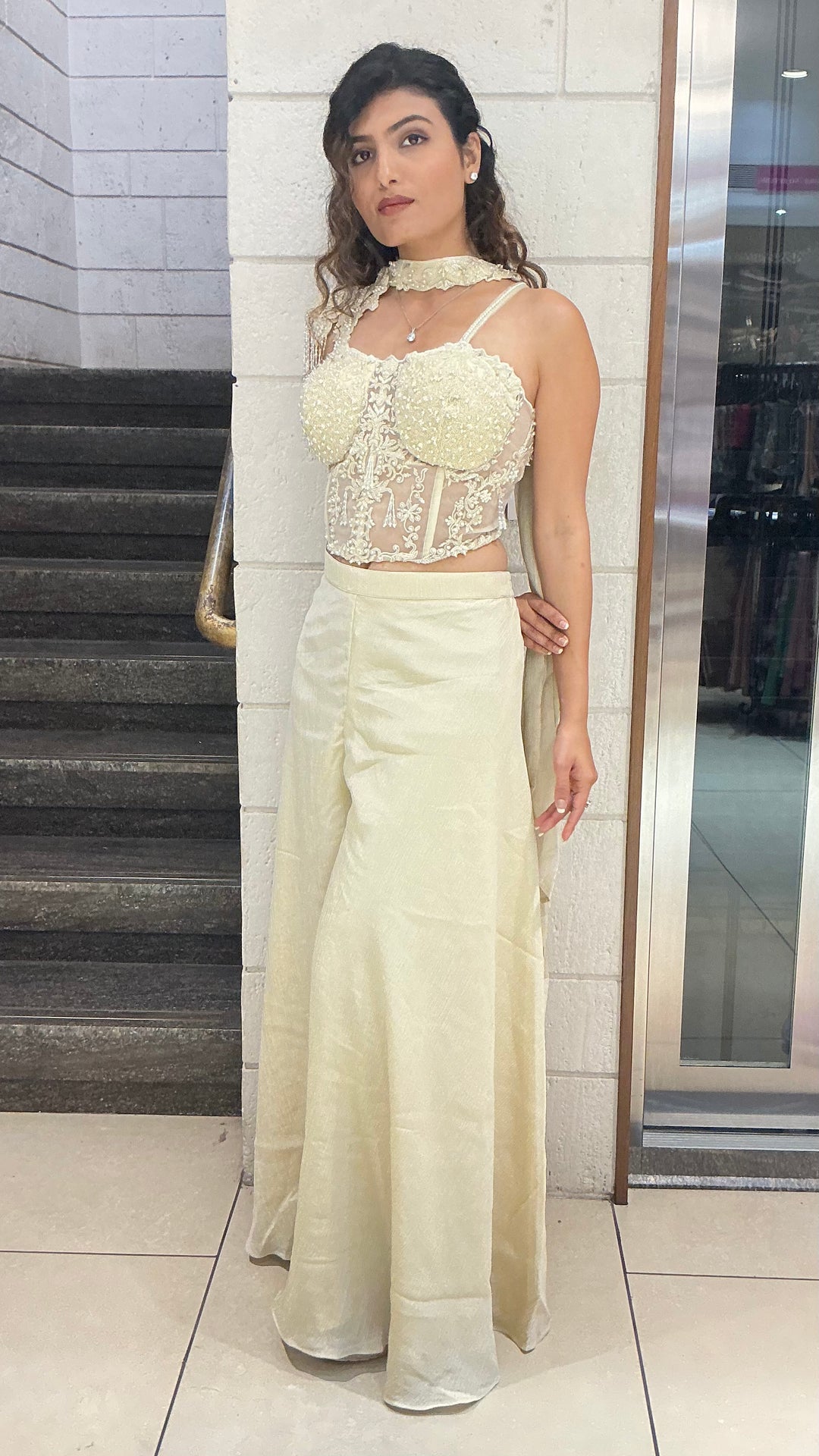 Ivory Embellished Indo-Western Palazzo Set with Designer Top