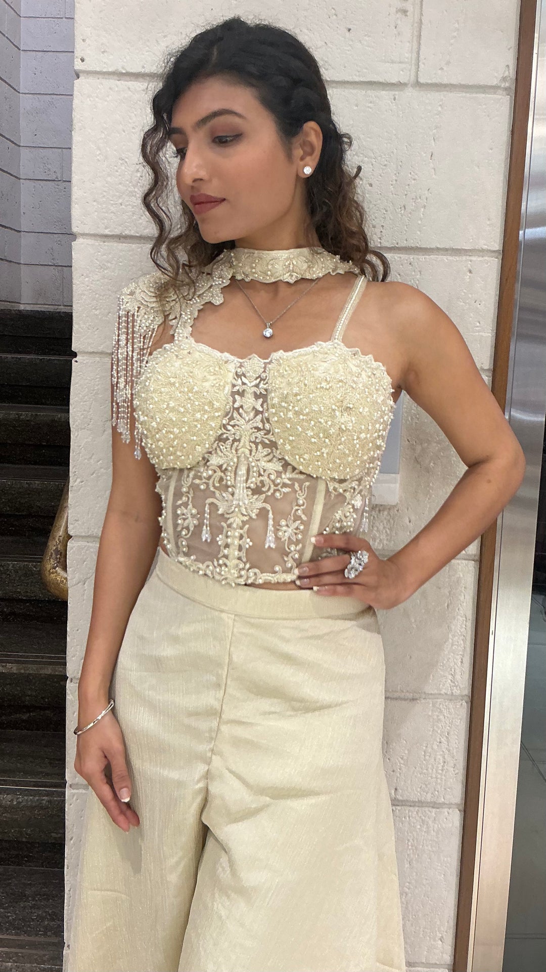 Ivory Embellished Indo-Western Palazzo Set with Designer Top