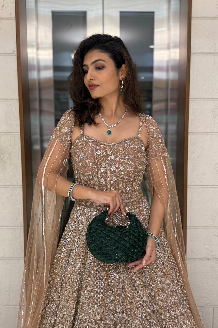 Champagne Gold Embellished Designer Gown with Draped Cape