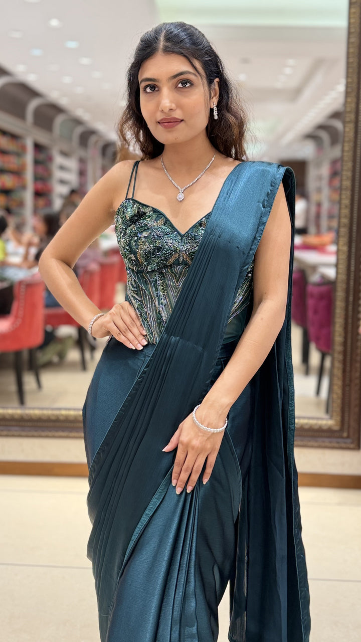 Emerald Green Ready-to-Wear Saree with Embellished Corset Blouse