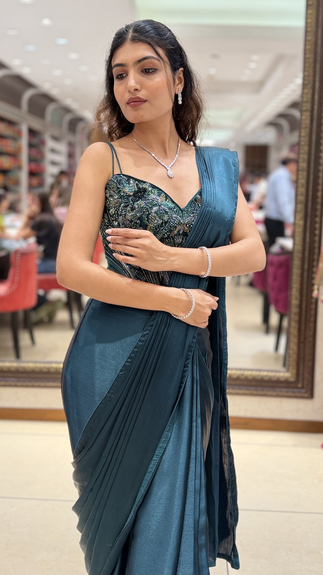 Emerald Green Ready-to-Wear Saree with Embellished Corset Blouse