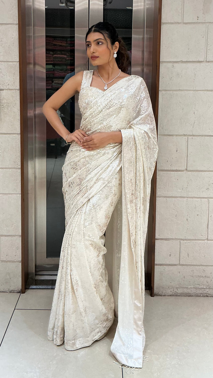 Ivory White Sequins Designer Saree with One-Shoulder Embellished Blouse