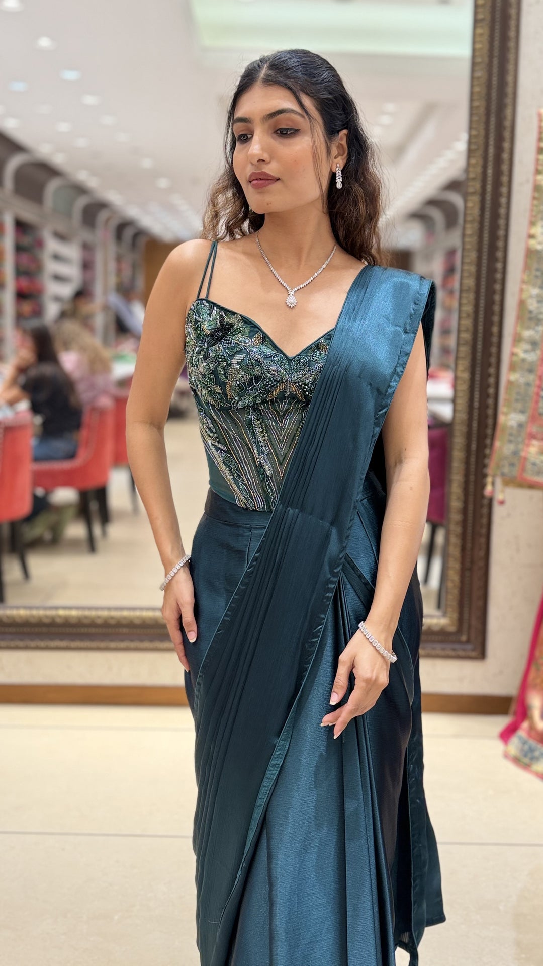 Emerald Green Ready-to-Wear Saree with Embellished Corset Blouse