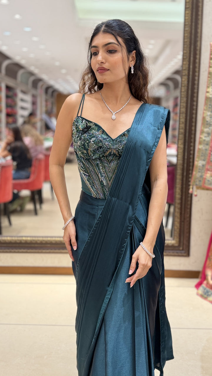 Emerald Green Ready-to-Wear Saree with Embellished Corset Blouse