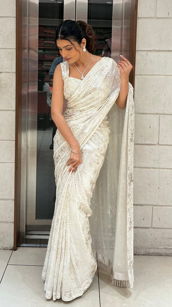 Ivory White Sequins Designer Saree with One-Shoulder Embellished Blouse