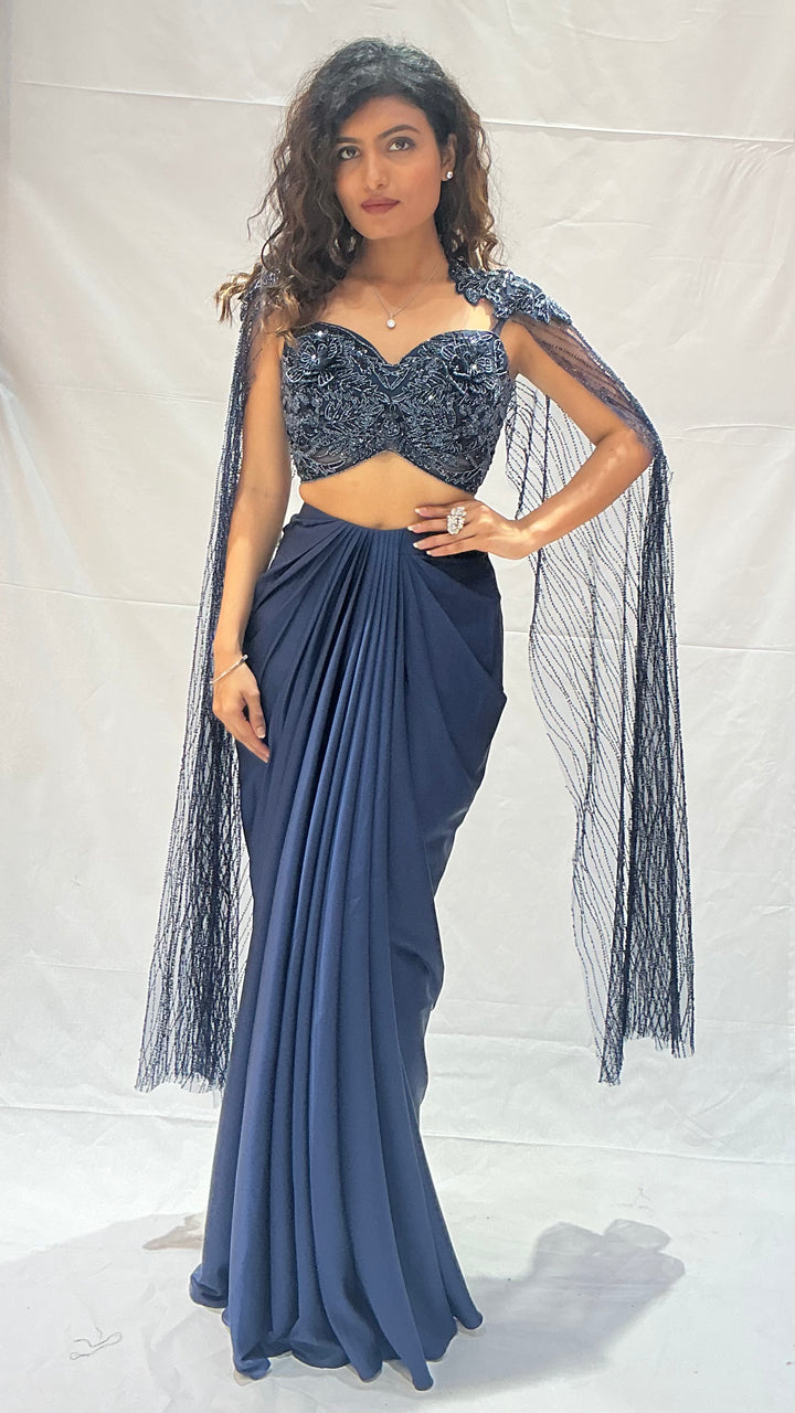 Navy Blue Indo-Western Draped  with Embroidered Cape Blouse