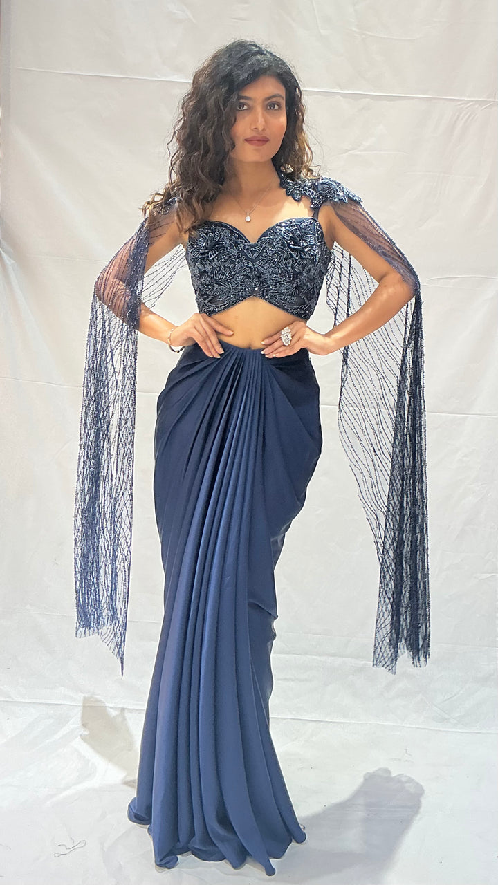 Navy Blue Indo-Western Draped  with Embroidered Cape Blouse