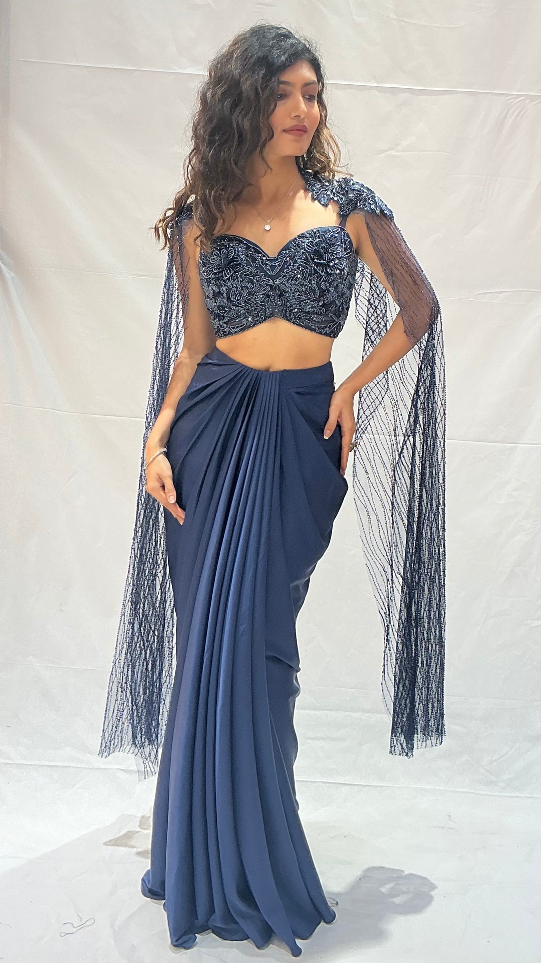 Navy Blue Indo-Western Draped  with Embroidered Cape Blouse