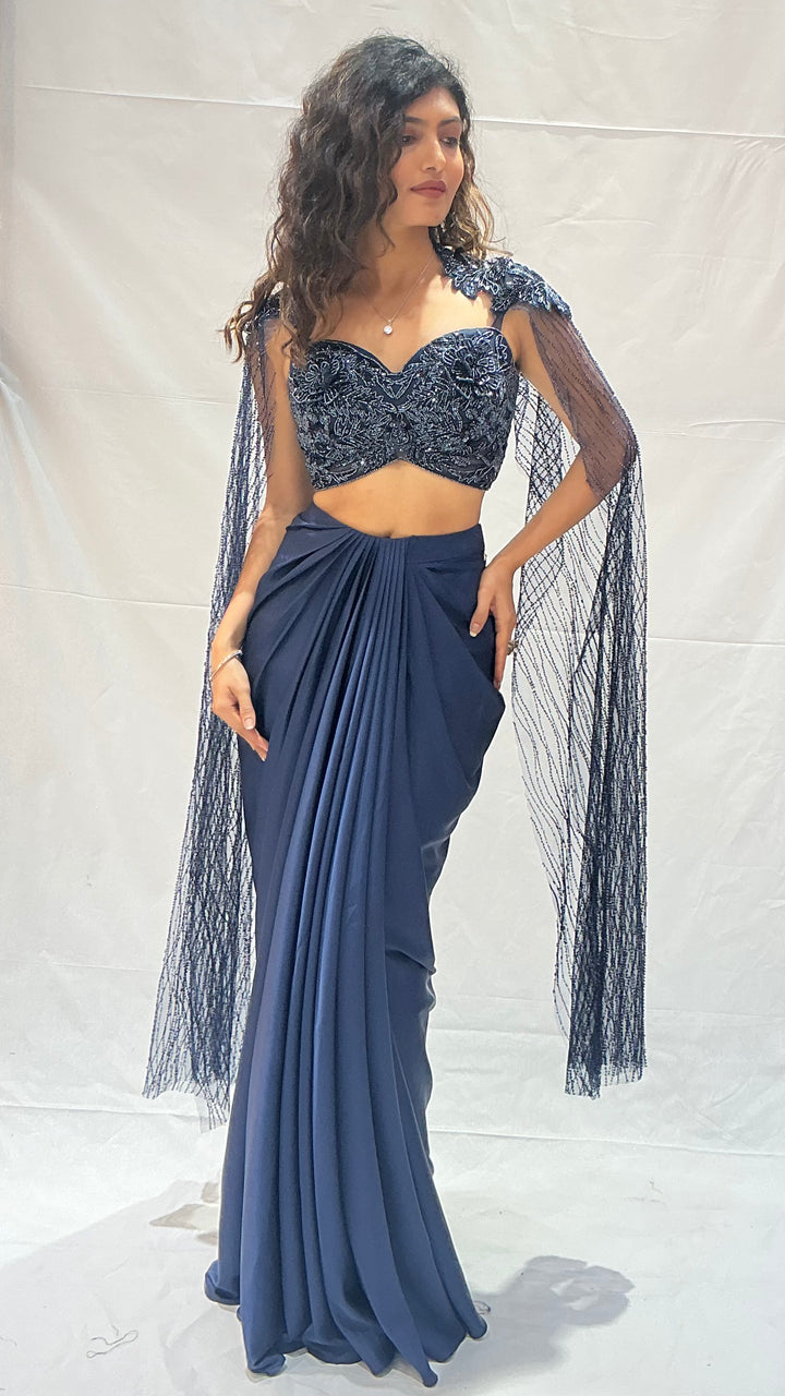 Navy Blue Indo-Western Draped  with Embroidered Cape Blouse