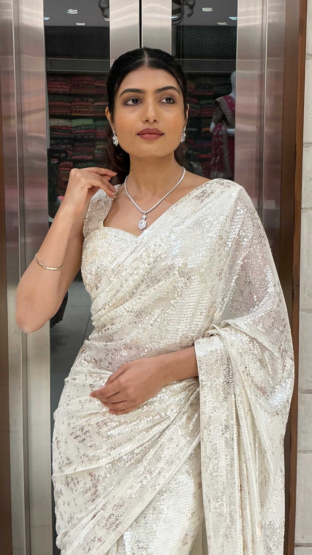 Ivory White Sequins Designer Saree with One-Shoulder Embellished Blouse