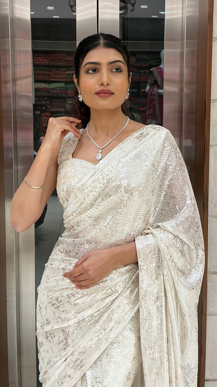 Ivory White Sequins Designer Saree with One-Shoulder Embellished Blouse