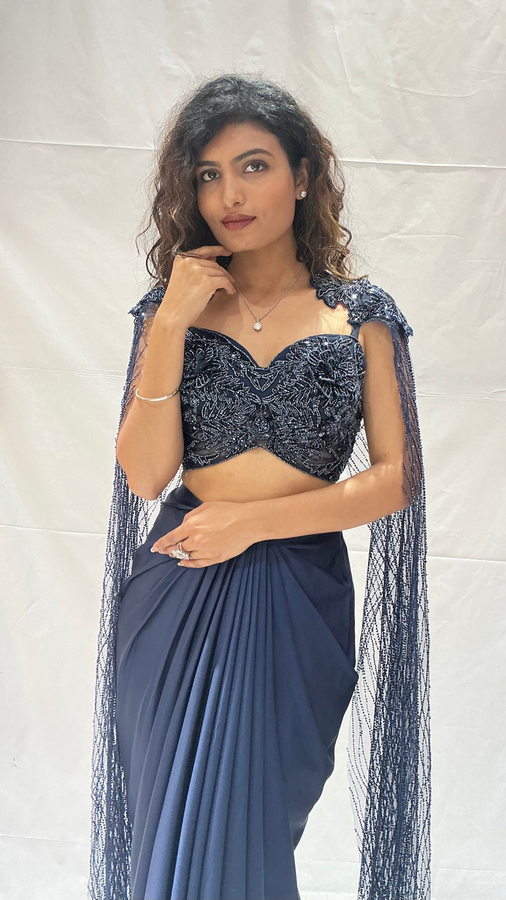 Navy Blue Indo-Western Draped  with Embroidered Cape Blouse
