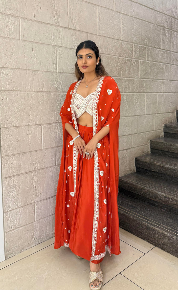 Scarlet Red Indo-Western Cape Set with Ivory Hand-Beaded Bustier