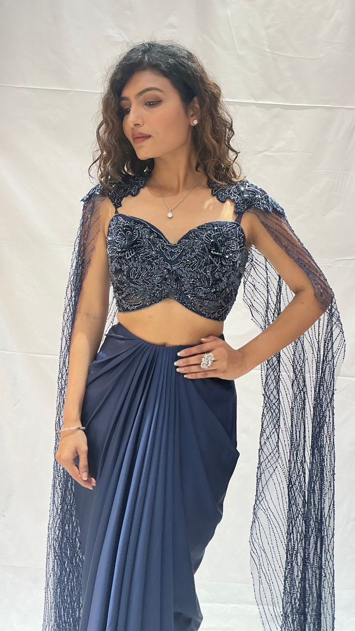 Navy Blue Indo-Western Draped  with Embroidered Cape Blouse