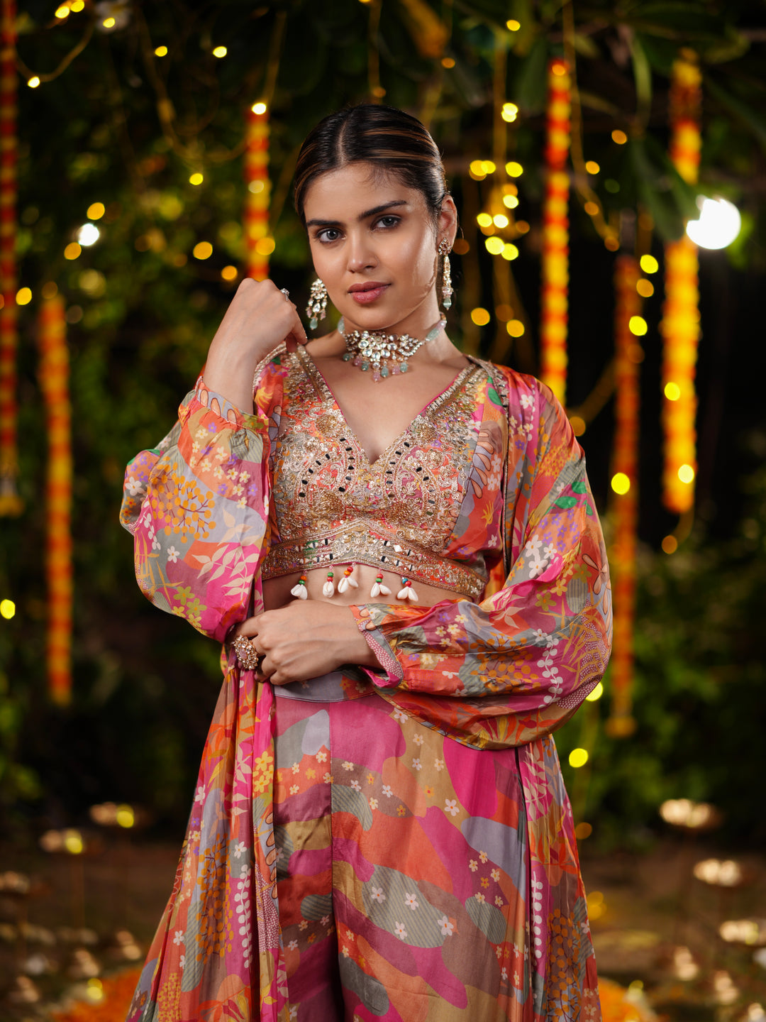 Sunset Bloom Embroidered Palazzo Suit Set with Printed Cape & Sequin Blouse